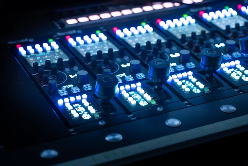 Row of illuminated broadcast control panels in a darkened remote-production gallery