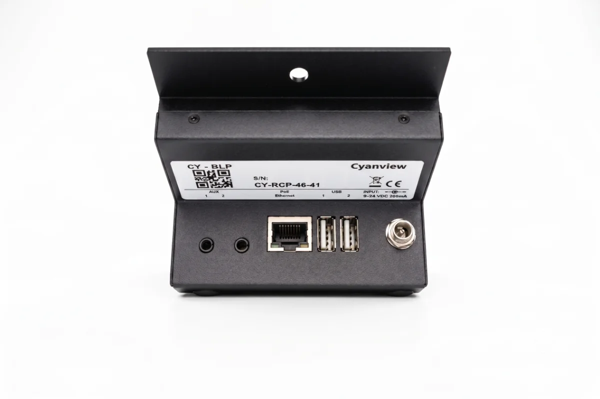 The RCP rear panel: two AUX jacks, PoE Ethernet RJ-45, two USB ports and a locking 12 VDC socket, beside the CY-BLP serial-number label