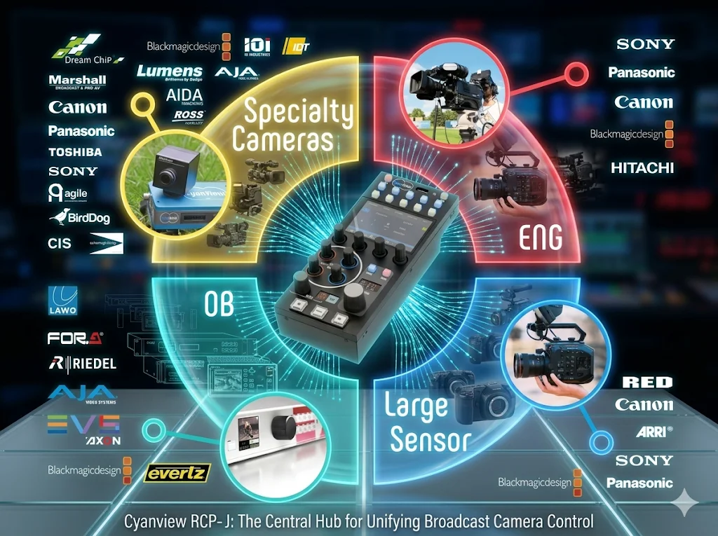 Diagram: the RCP-J at the centre of four camera classes, Specialty Cameras, ENG, OB and Large Sensor, ringed by supported brands