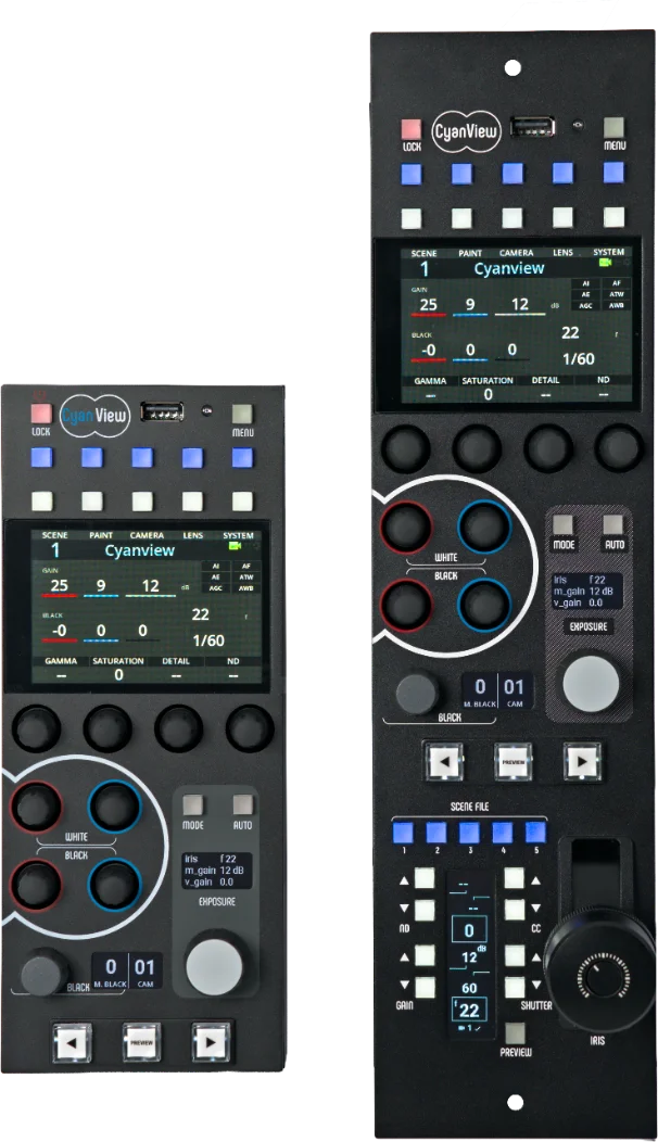 The compact RCP beside the taller RCP-J, both showing the Cyanview shading screen with gain, black, gamma and ND readouts