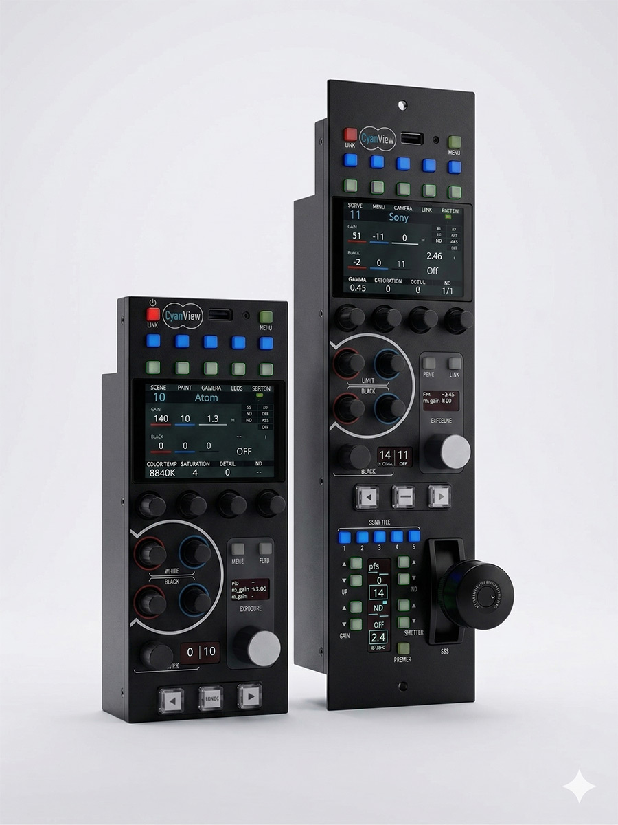 Three-quarter view of the RCP and RCP-J control panels, showing the illuminated switch rows, encoders, touchscreen and iris joystick